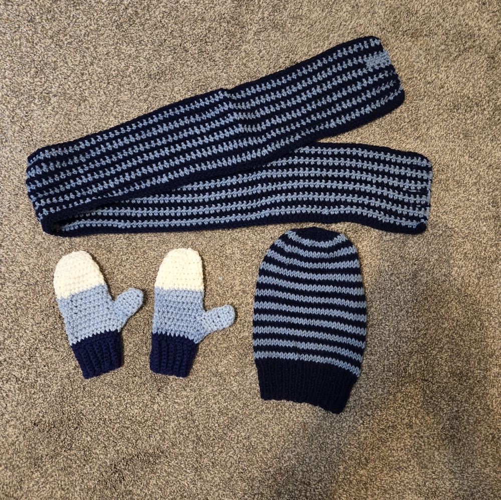 Brand new handmade knit warm winter scarf, hat, & mittens